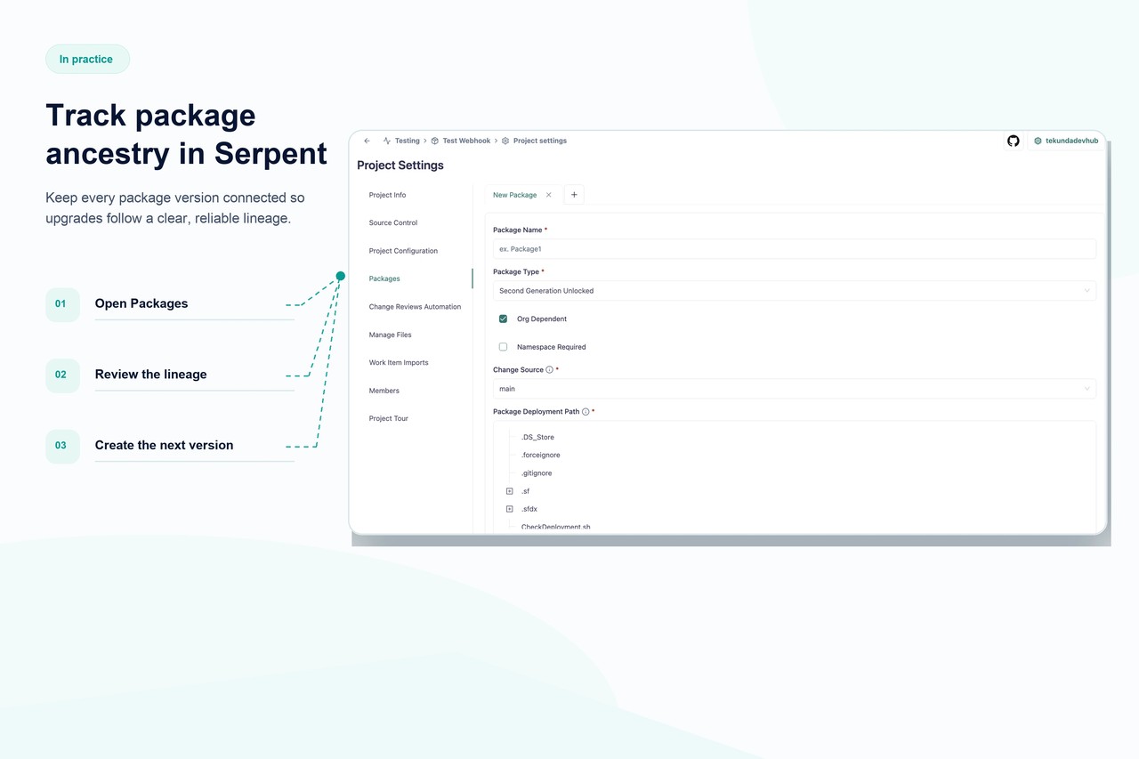 Serpent verfolgt eine Package-Version-Ancestry-Linie, die jede Release mit der Version verknüpft, aus der sie gebaut wurde