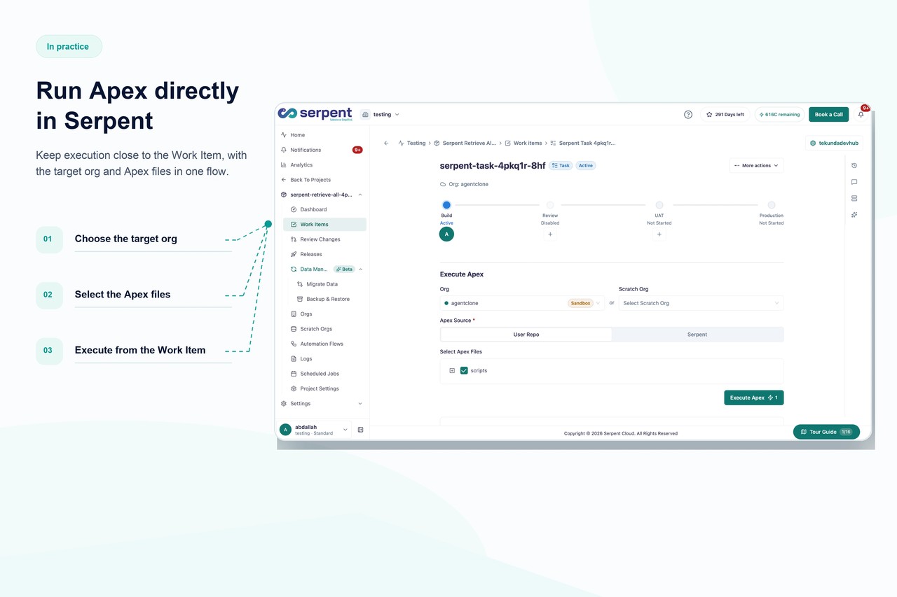 Serpent running an Apex test class against a connected Salesforce org from a work item