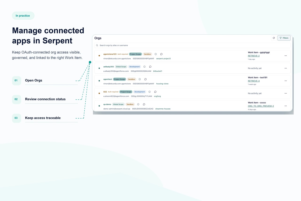 Serpent verwaltet OAuth-Einstellungen einer Connected App als versionierte Metadaten über Orgs hinweg