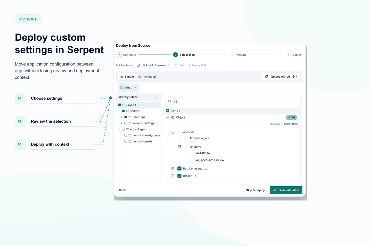 Serpent يدير custom setting يحتوي بيانات تهيئة التطبيق ويُنشر كـ metadata عبر الـ orgs