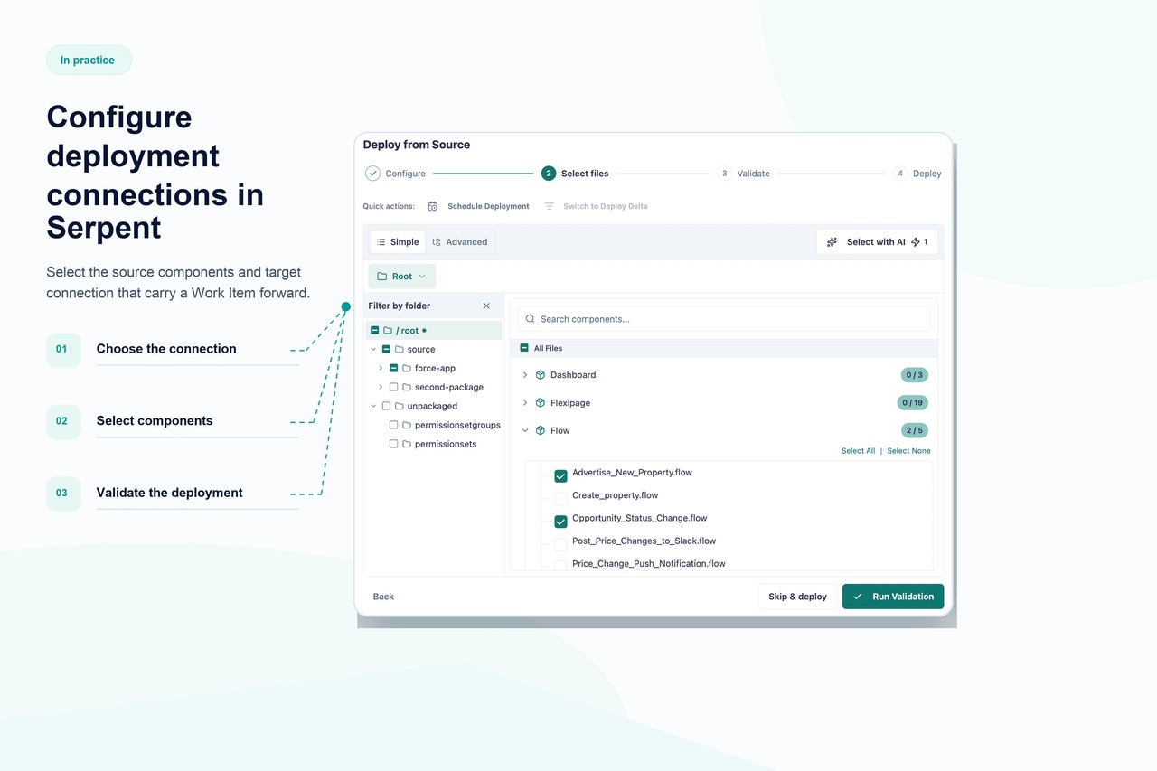 Serpent يهيئ اتصال نشر (deployment connection) يُستخدم لنقل الـ metadata إلى org مستهدف
