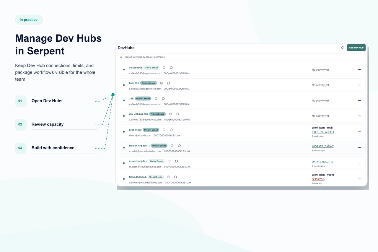 Serpent verwaltet Dev-Hub-Scratch-Org-Limits und Package-Version-Builds für ein Team