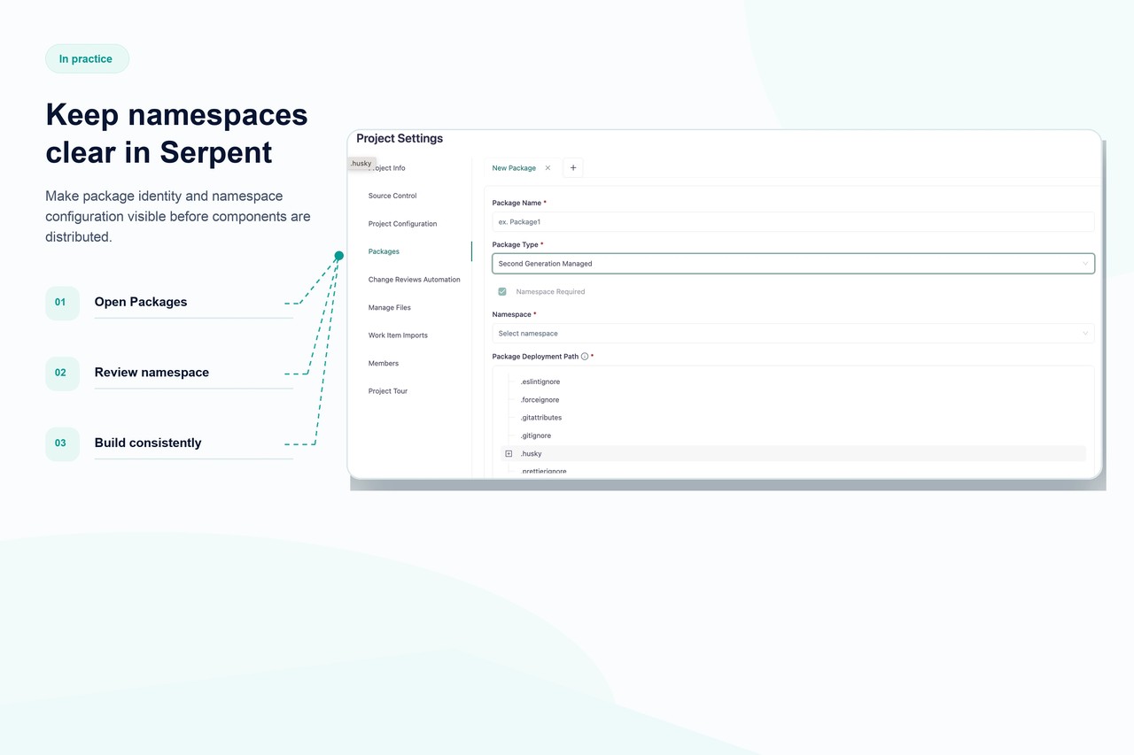 Serpent يعرض بادئة namespace لحزمة تُحدد نطاق المكونات داخل org مشترك