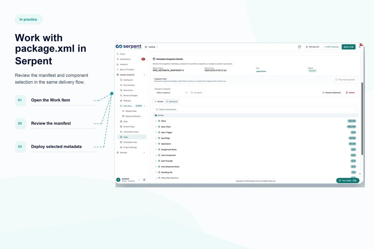Serpent generiert ein package.xml-Manifest der abzurufenden oder zu deployenden Komponenten