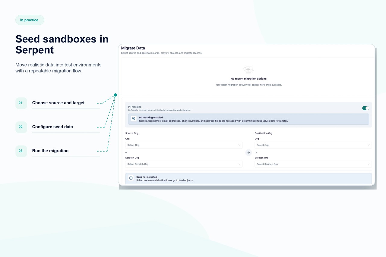 Serpent seeding a sandbox with realistic sample data for testing