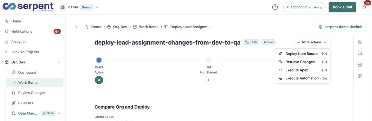 Work-Item-Detail mit geöffnetem More-actions-Menü, das Deploy from Source, Retrieve Changes, Execute Apex und Execute Automation Flow zeigt