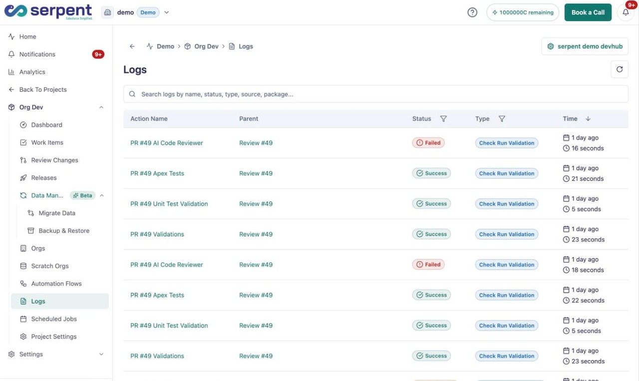 Actielogs met individuele delivery-stappen - validaties, tests en deployments - met hun parent, status en type