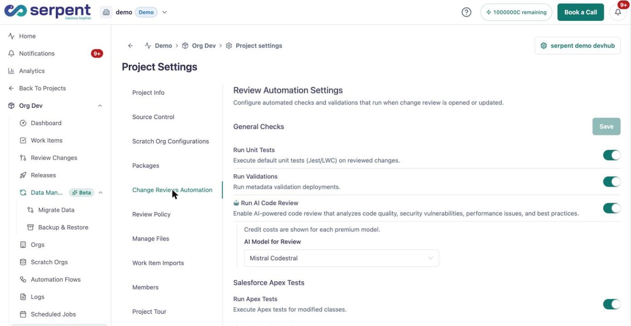 Review-Automatisierungseinstellungen mit aktiviertem Run AI Code Review zur Analyse von Codequalität, Sicherheit, Performance und Best Practices, plus einer KI-Modellauswahl
