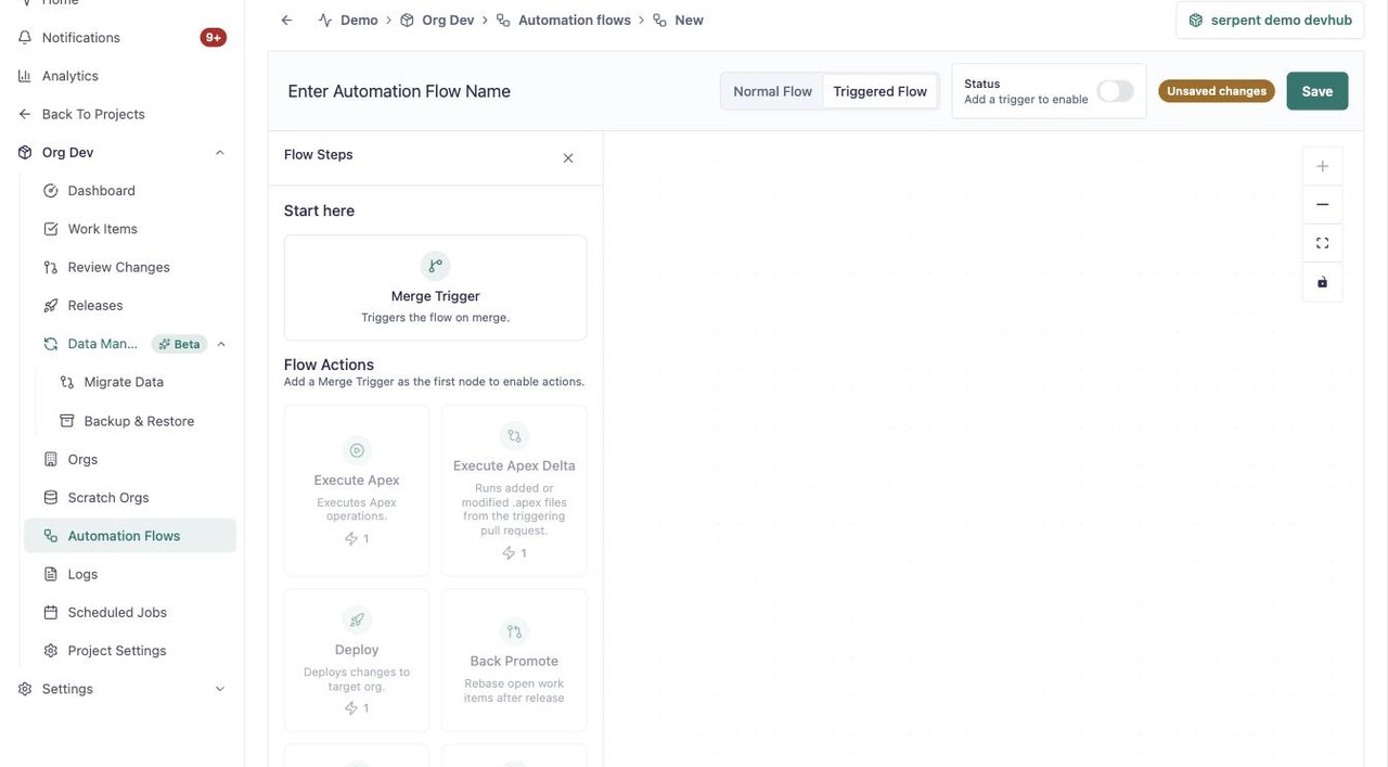 Getriggerter Automation Flow, der mit einem Merge Trigger beginnt, mit Create Release, Deploy und Back Promote unter den verfügbaren Aktionen