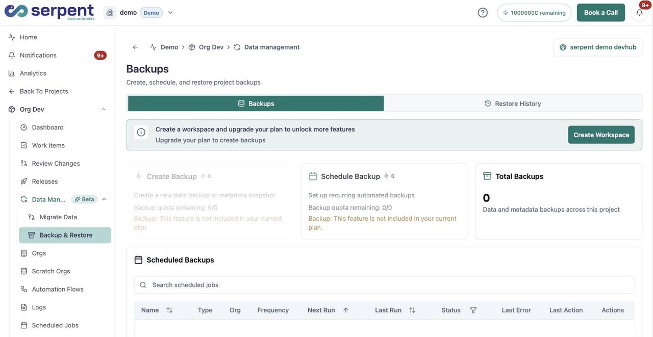 Backups-Ansicht mit den Tabs Backups und Restore History sowie einem Zähler für die Gesamtzahl der Backups des Projekts