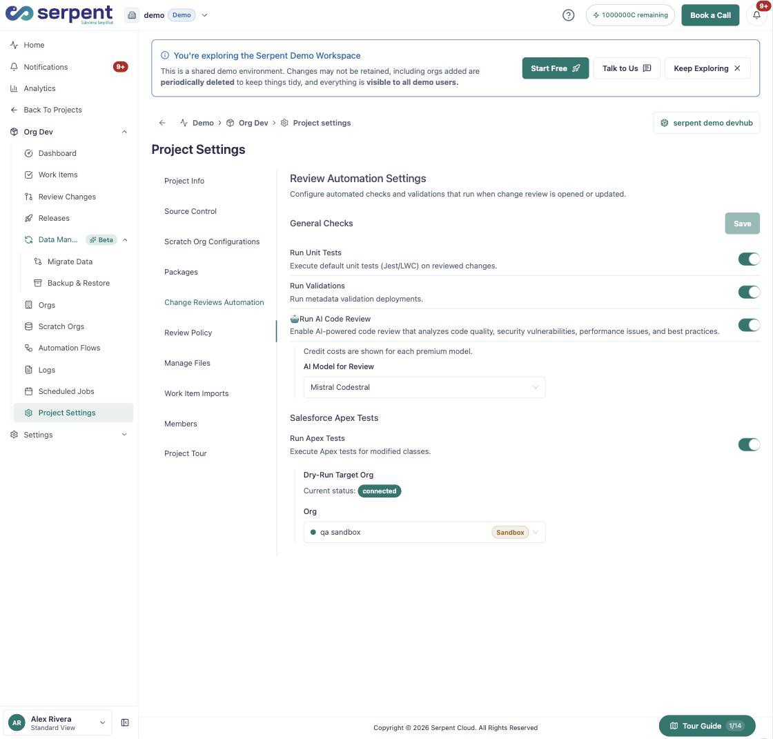Review Automation Settings with Run Unit Tests, Run Validations, and Run AI Code Review toggles, an AI model selector, and Salesforce Apex Tests with a Dry-Run Target Org