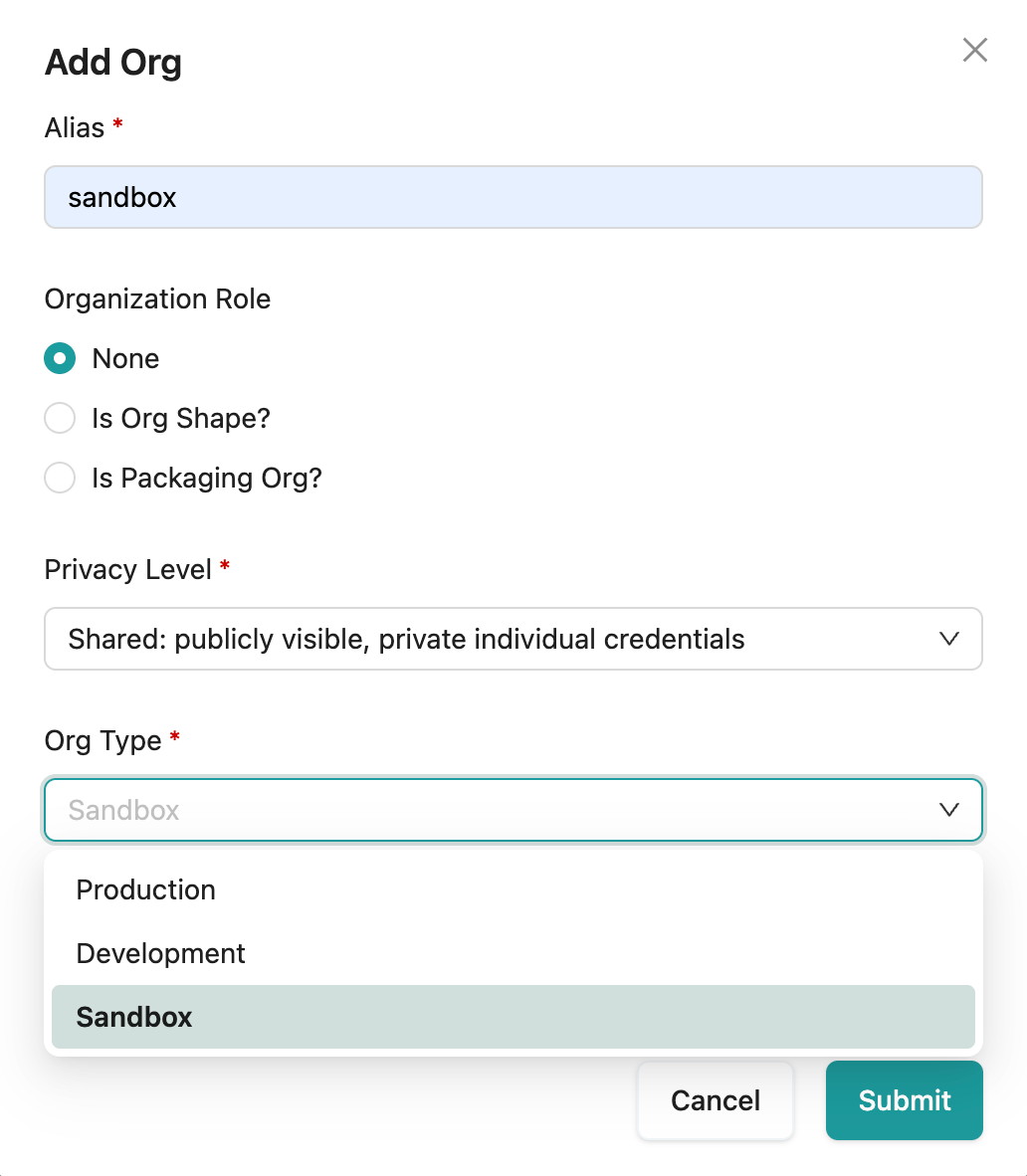 Add Org dialog with alias field and org type dropdown