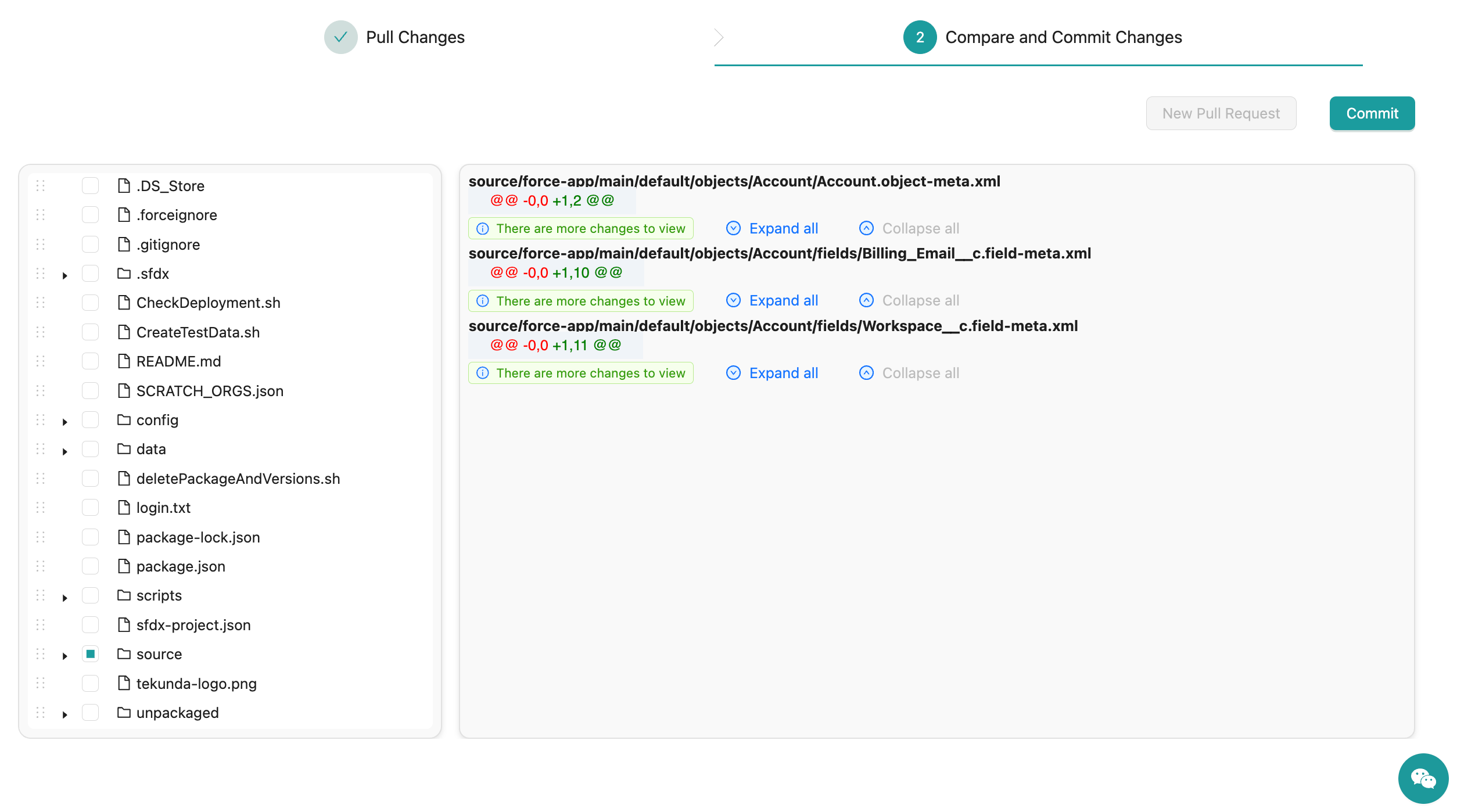 Pull Changes wizard showing file diffs before commit