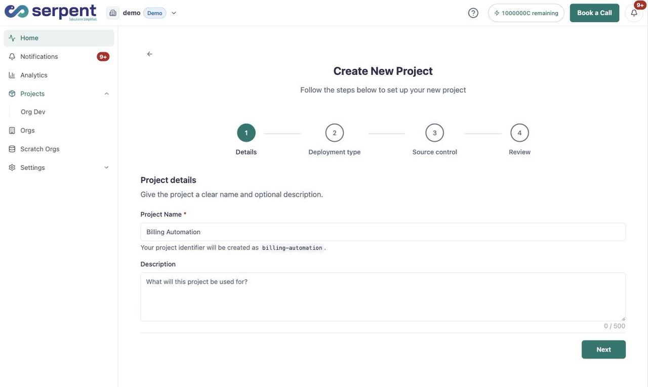 Schritt für Projektdetails bei Create New Project mit Feldern für Projektname und Beschreibung