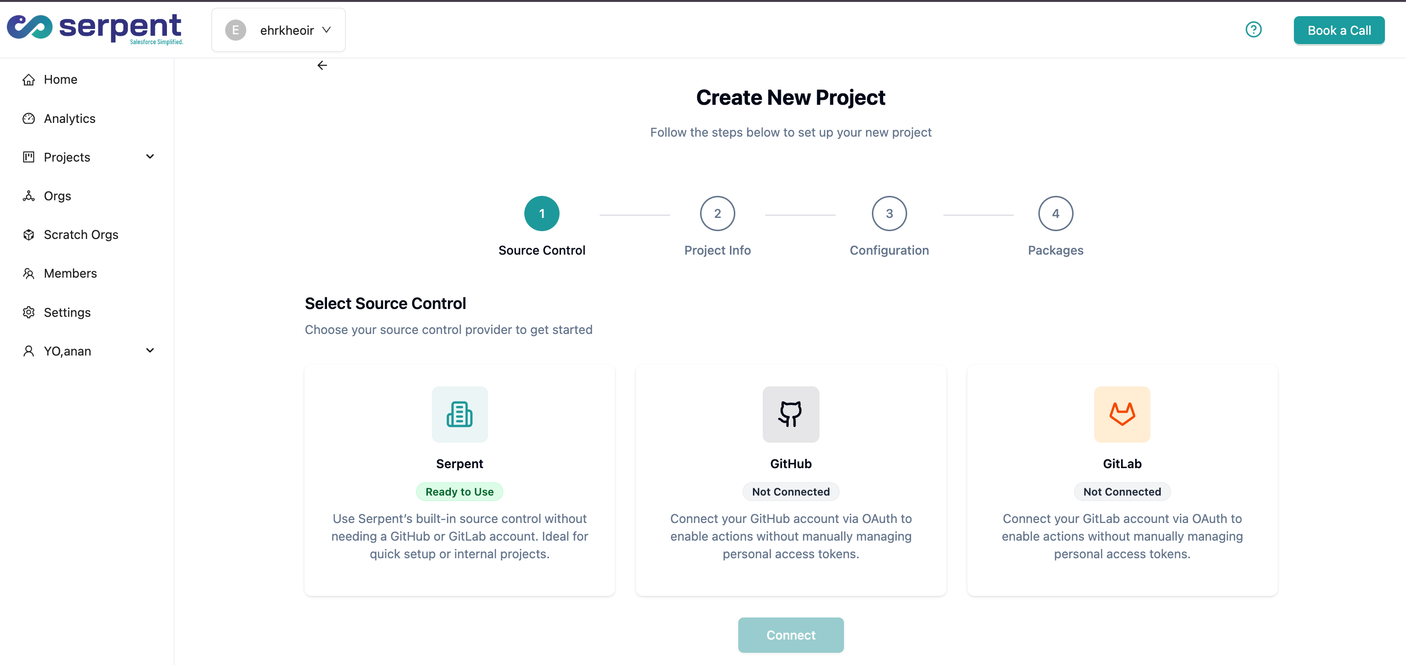 Source control provider selection with Serpent, GitHub, and GitLab options