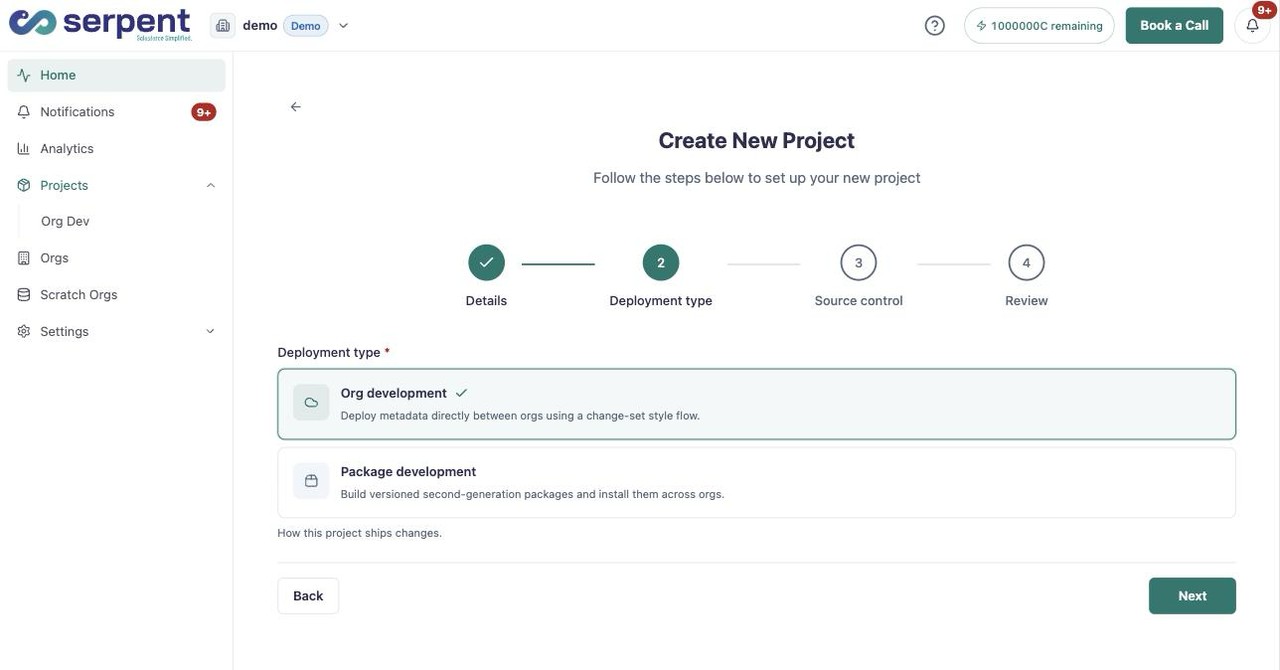 Schritt für den Deployment-Typ mit den Optionen Org development und Package development