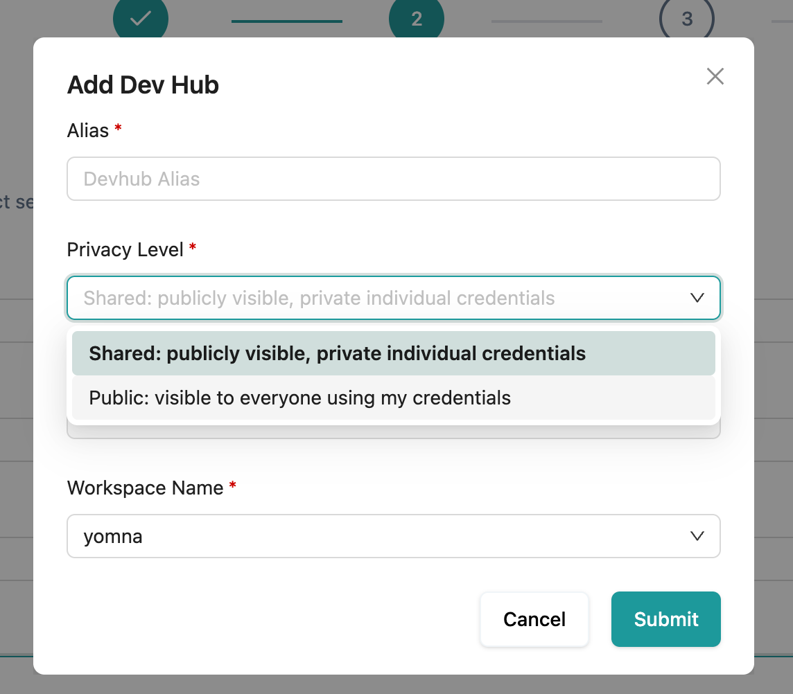 Add Dev Hub dialog with alias and privacy level fields