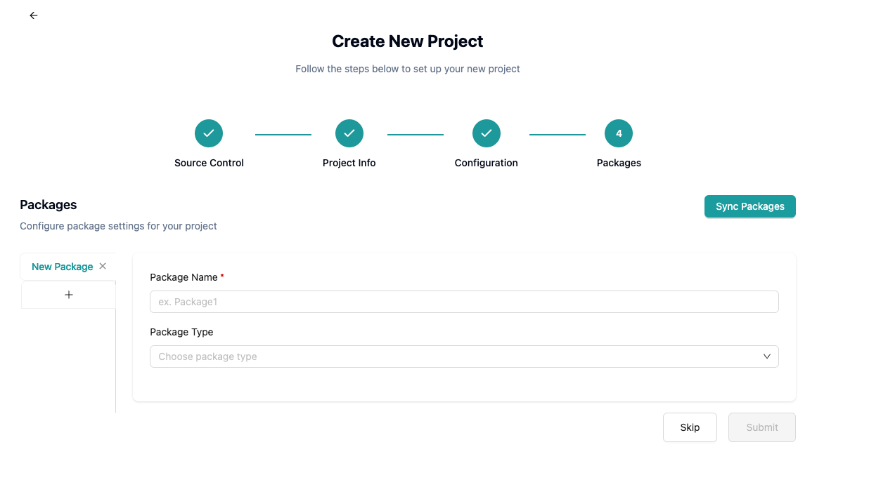 Packages step for naming and typing a new package