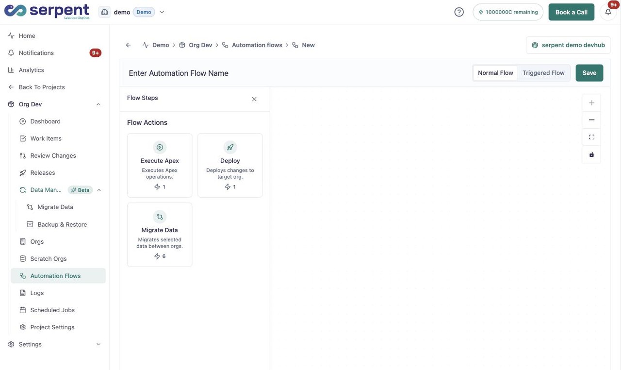 Automation flow editor with the Flow Actions palette - Execute Apex, Deploy, Migrate Data - and the Normal and Triggered flow toggle