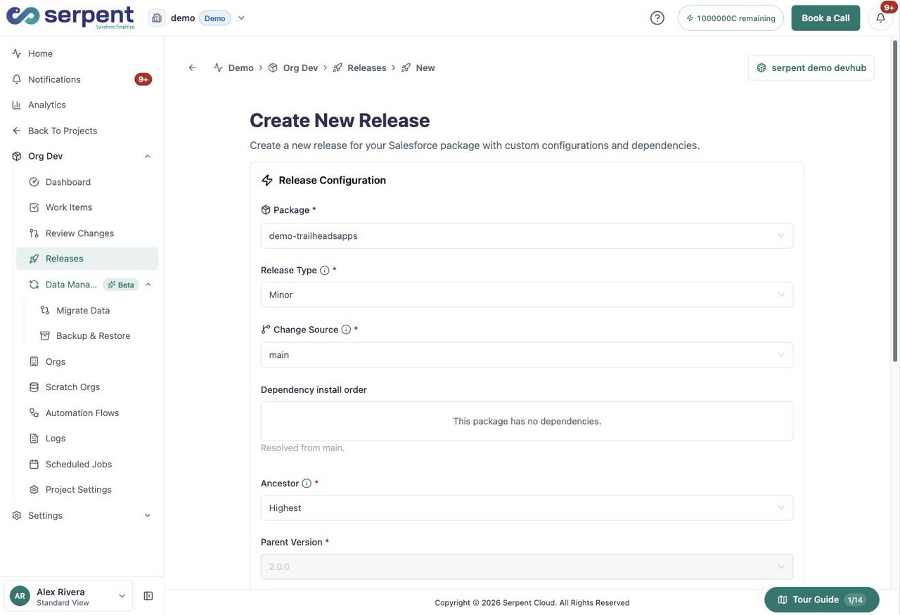 Configuratieformulier voor een release met velden voor package, releasetype en changebron