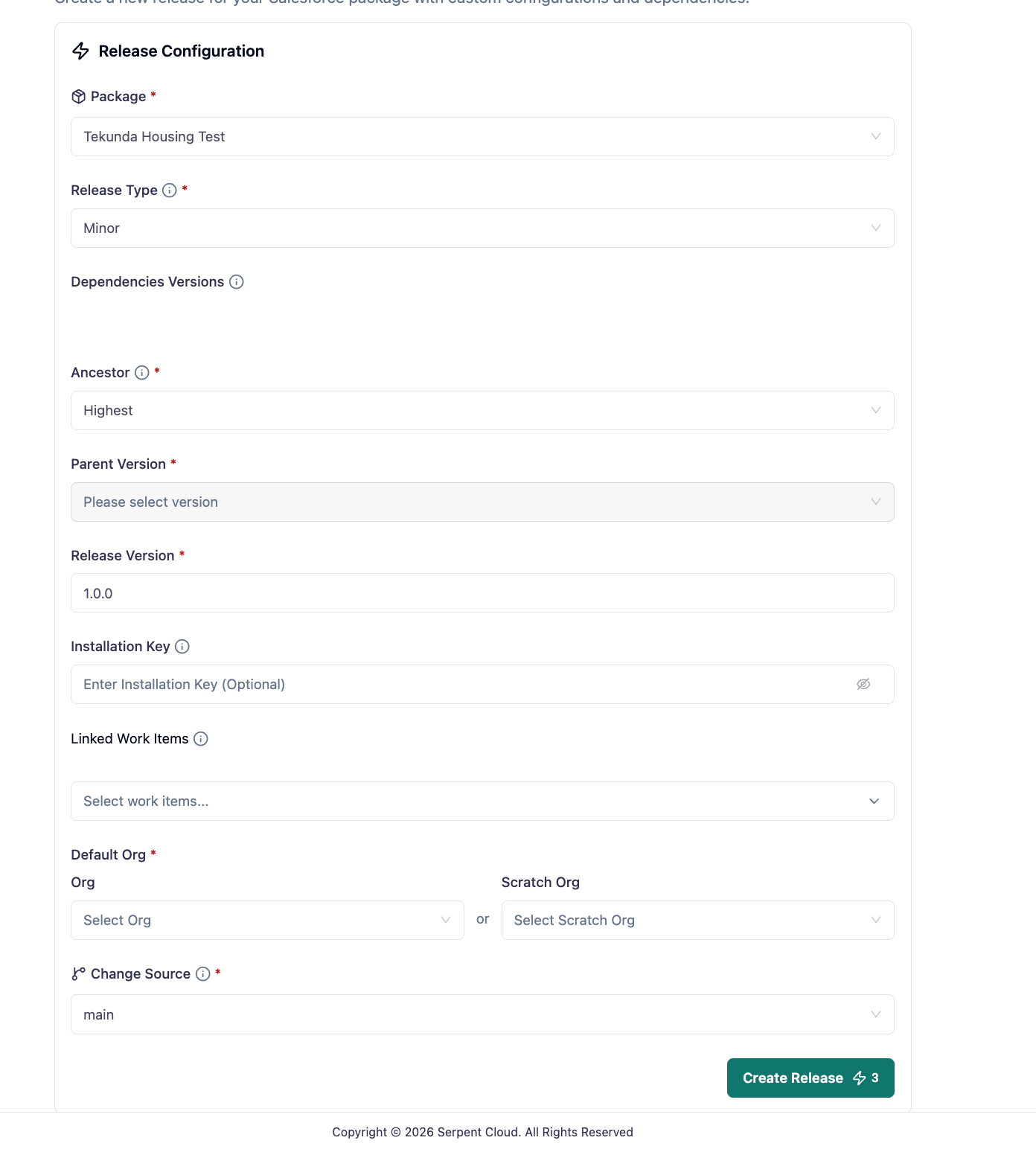 Release configuration form with package, version, and org fields