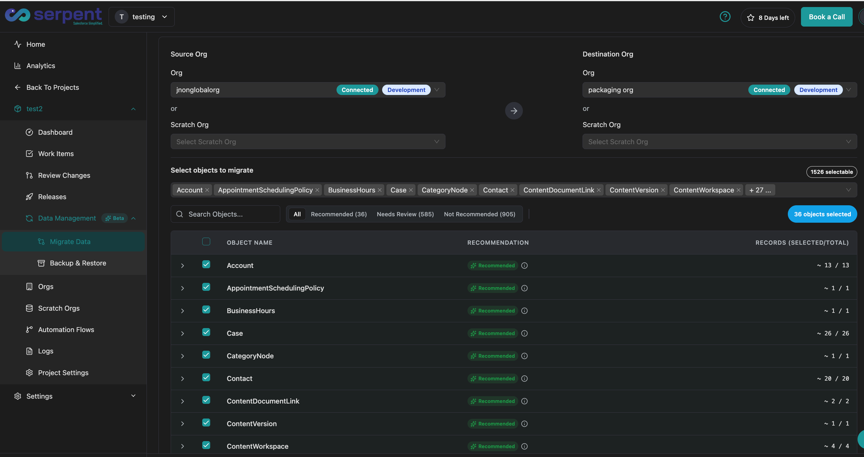 Migrate Data screen with source, destination org, and object selection
