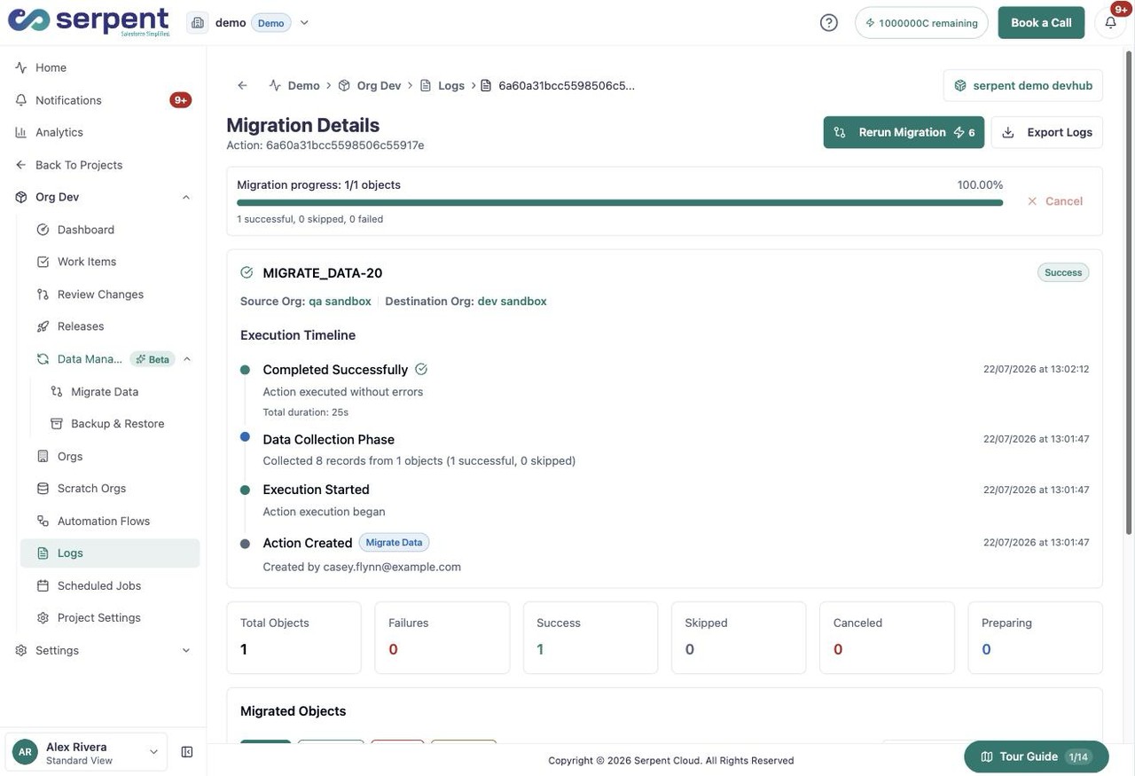 صفحة Migration Details بتوضح الـ timeline بتاع التنفيذ