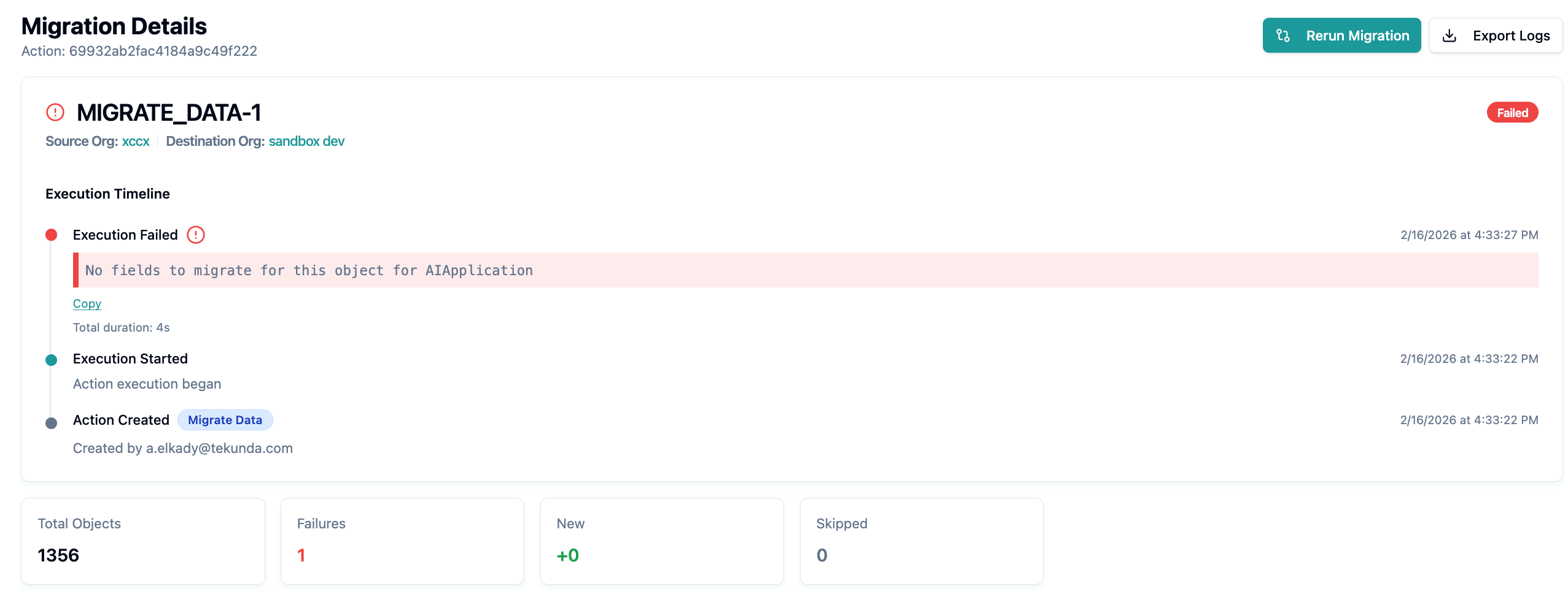 Migration Details page showing a failed execution timeline