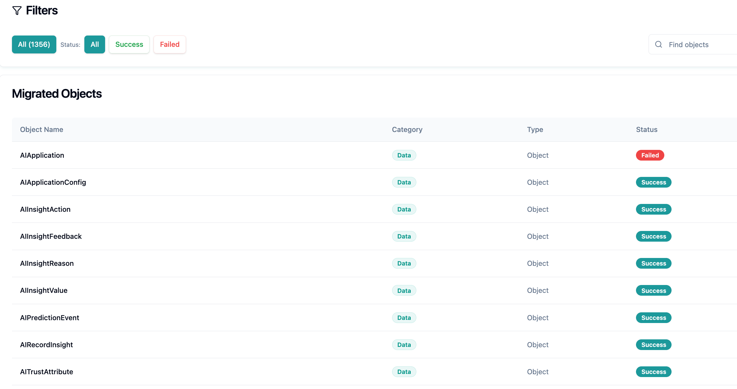 Migrated Objects table with success and failed status filters