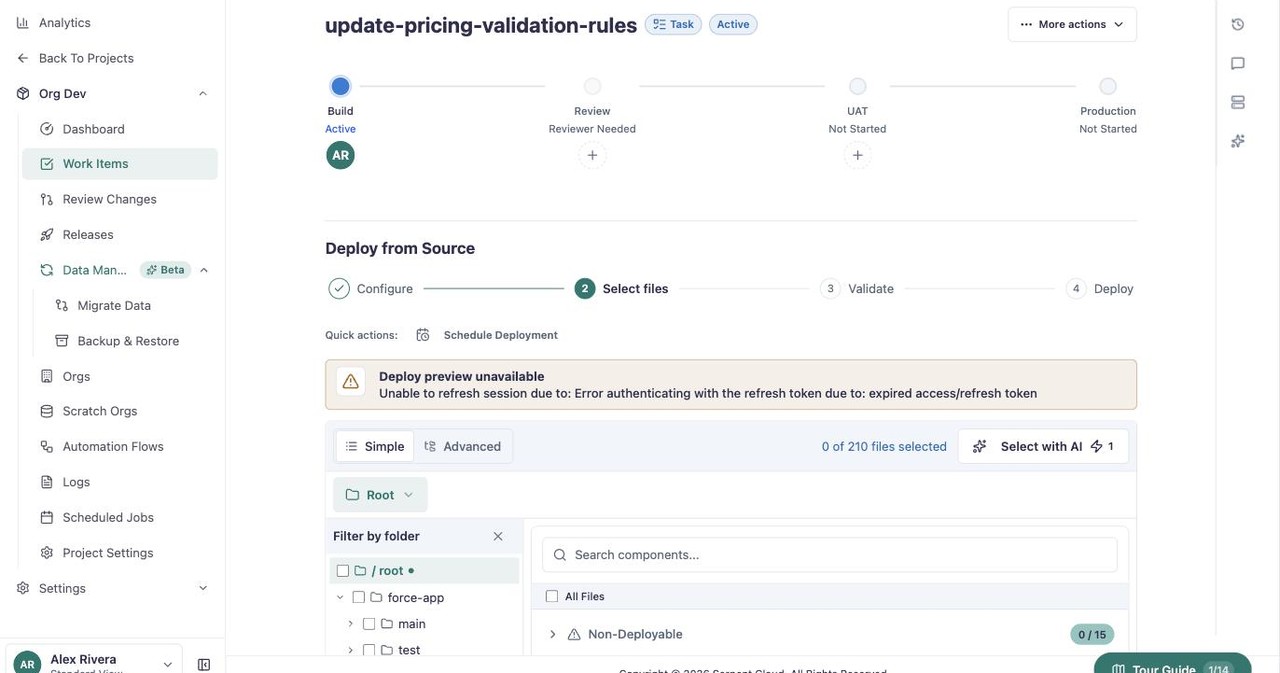 Dateiauswahl für das Deployment mit einer Option Select with AI, die die richtigen Komponenten sammelt, neben einem durchsuchbaren Metadatenbaum