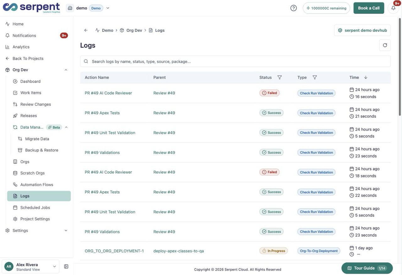 Tableau des logs filtré par statut et par type