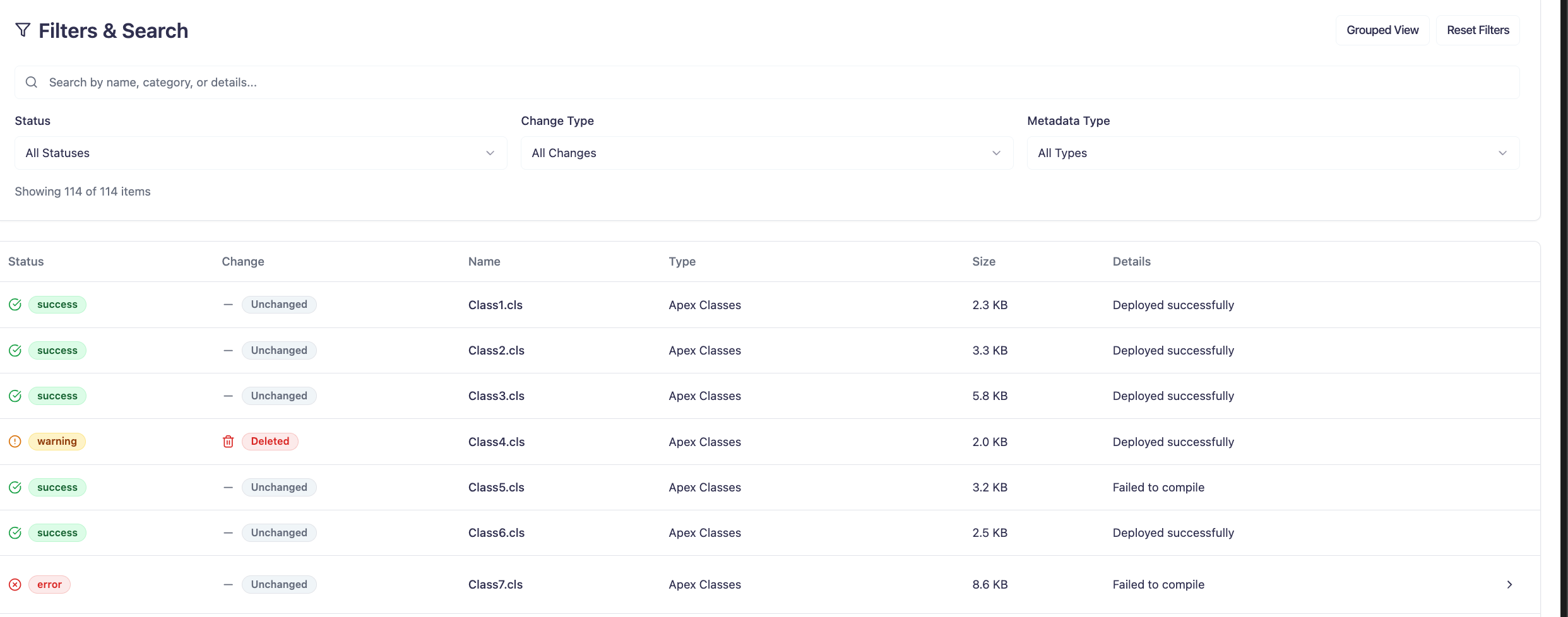 Deployment log table filtered by status, change, and type