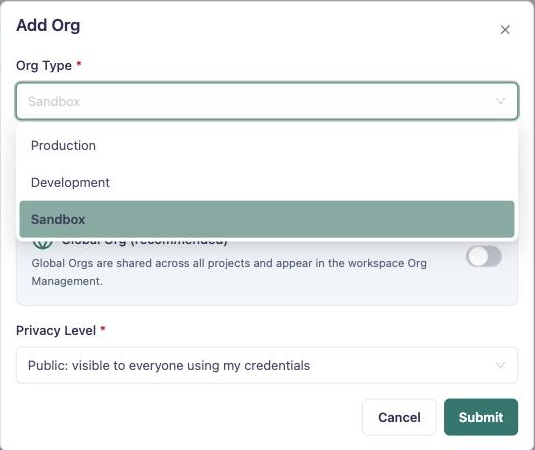 مربع حوار إضافة مؤسسة (Add Org) مع قائمة أنواع المؤسسات المفتوحة (Production وDevelopment وSandbox)، وحقل اسم مستعار، وخيار Global Org الذي يشارك المؤسسة بين المشاريع