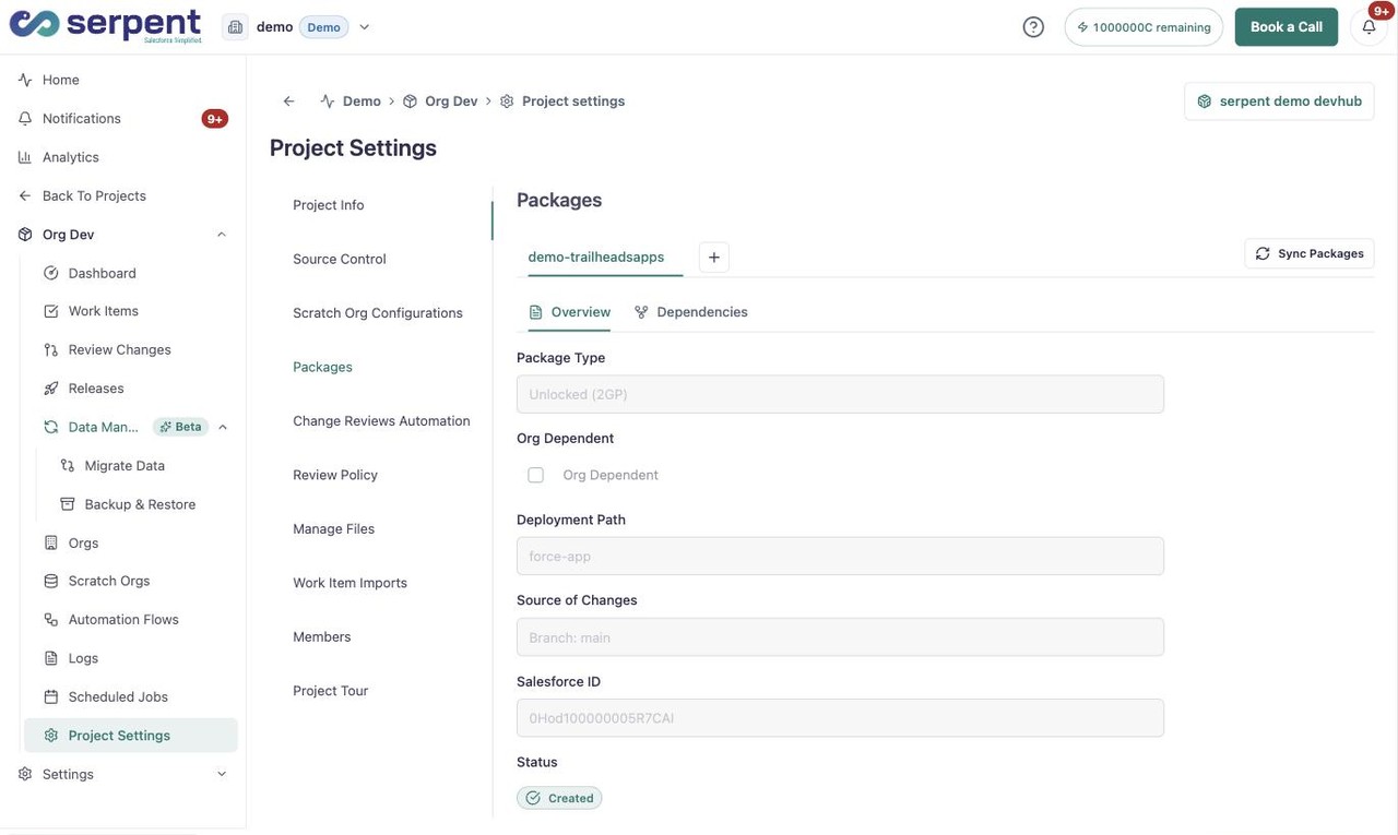 تبويب Packages في Project Settings بيوضح package من نوع Unlocked 2GP مع مسار الـ deployment وبرانش المصدر وتبويب الاعتماديات وخيار sync packages