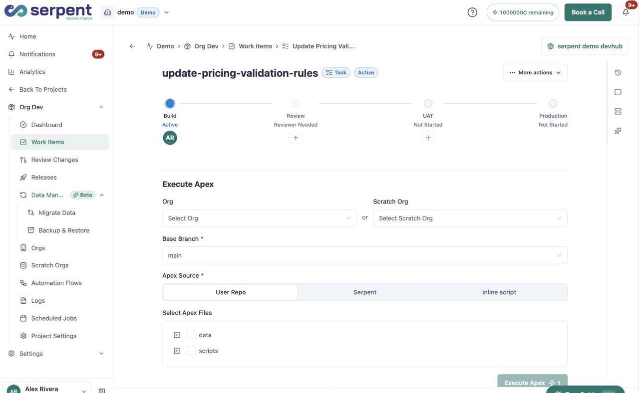 Execute Apex flow: choose an org or scratch org and base branch, pick the Apex source (User Repo, Serpent, or Inline script), and select the Apex files to run