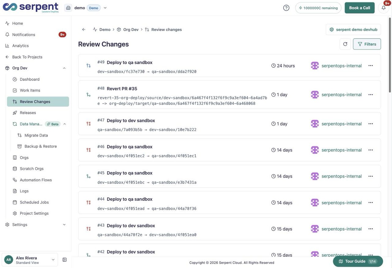 Liste Review Changes montrant les revues ouvertes et leurs statuts