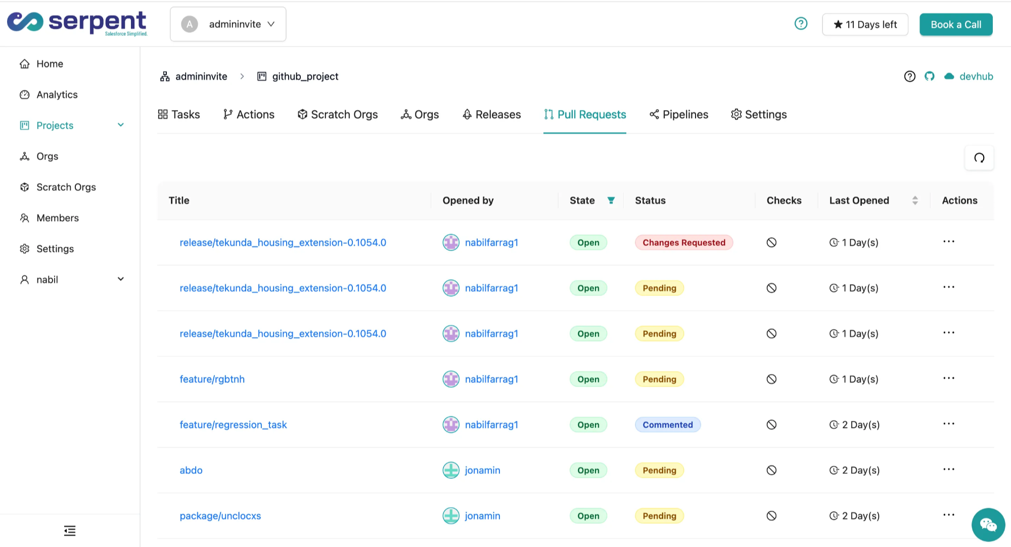Pull Requests list showing open reviews and their statuses
