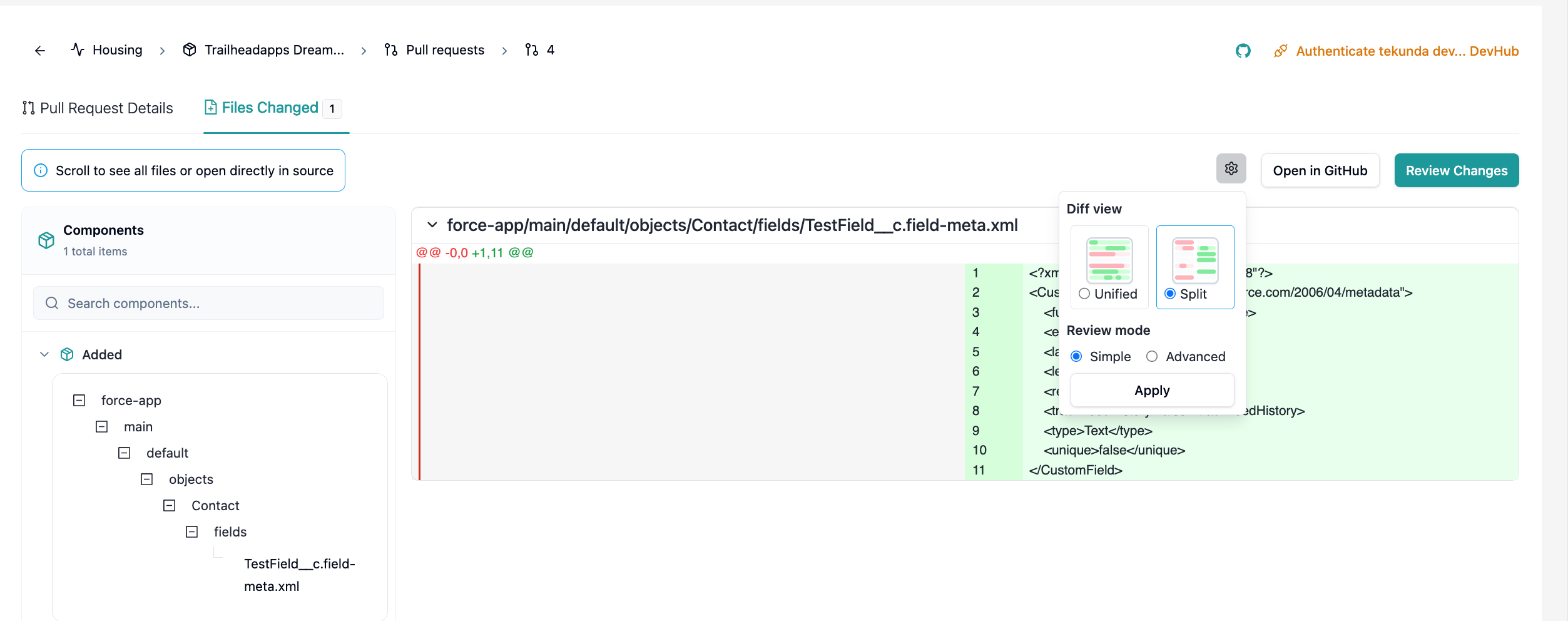 Files changed diff view for a Work Item's metadata