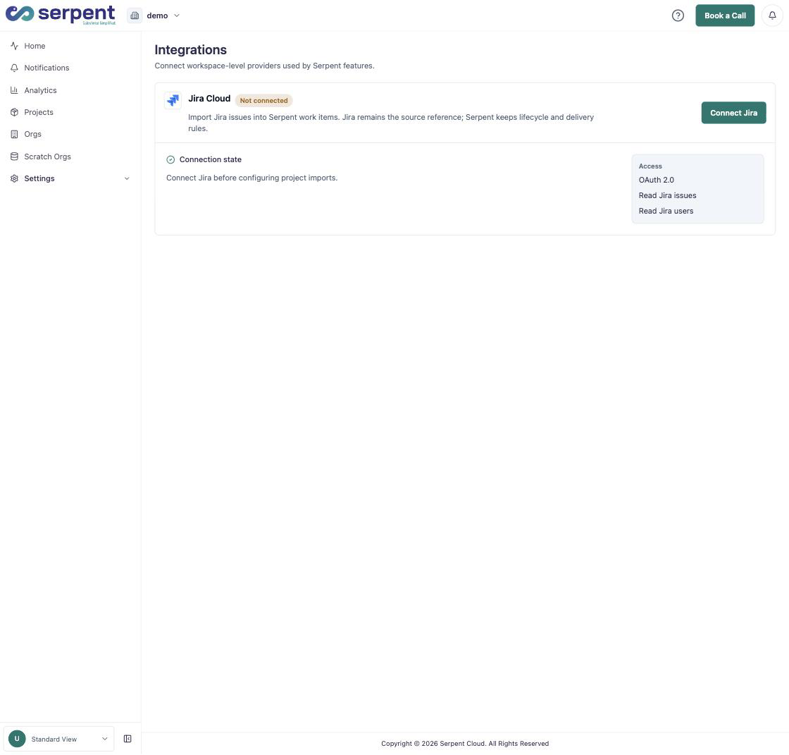 صفحة Integrations وفيها Jira Cloud متسجلة كـ provider على مستوى الـ workspace، مش متوصلة، وبتوضح OAuth 2.0 access scopes بتاعتها