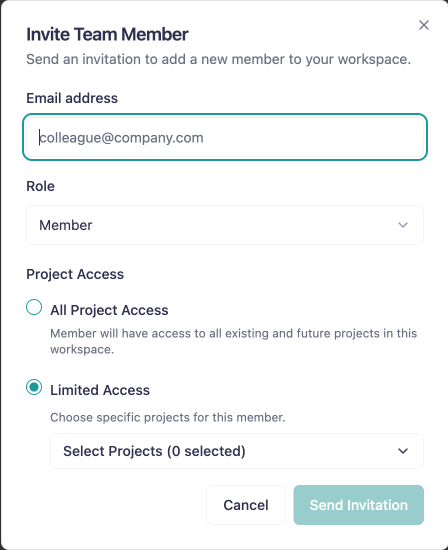 Invite team member dialog with role and project access