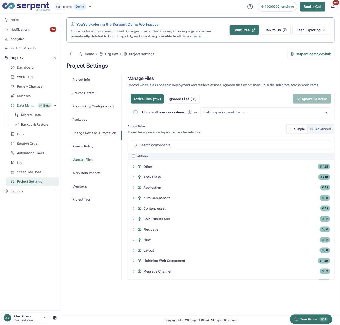 Manage Files with Active Files and Ignored Files counts, a searchable metadata-type tree, and an Ignore Selected action