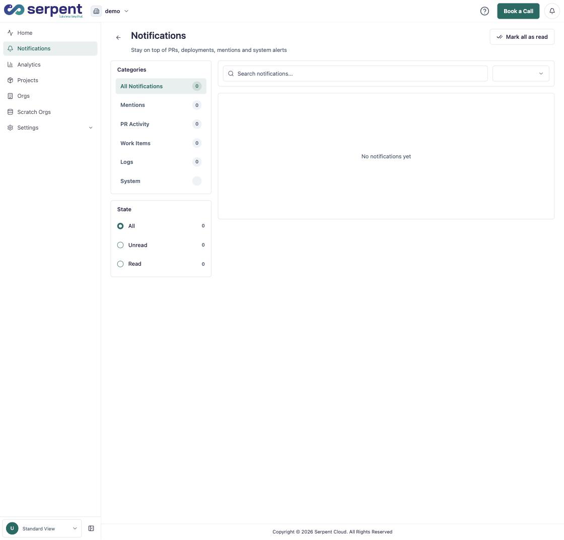 Notifications page with categories for mentions, PR activity, work items, logs, and system alerts, plus an unread/read state filter