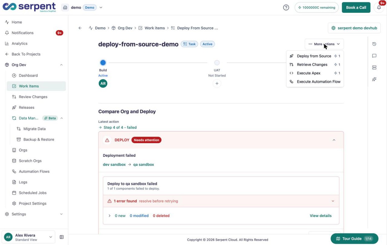 Work Item More actions menu with Deploy from Source, alongside Retrieve Changes, Execute Apex, and Execute Automation Flow