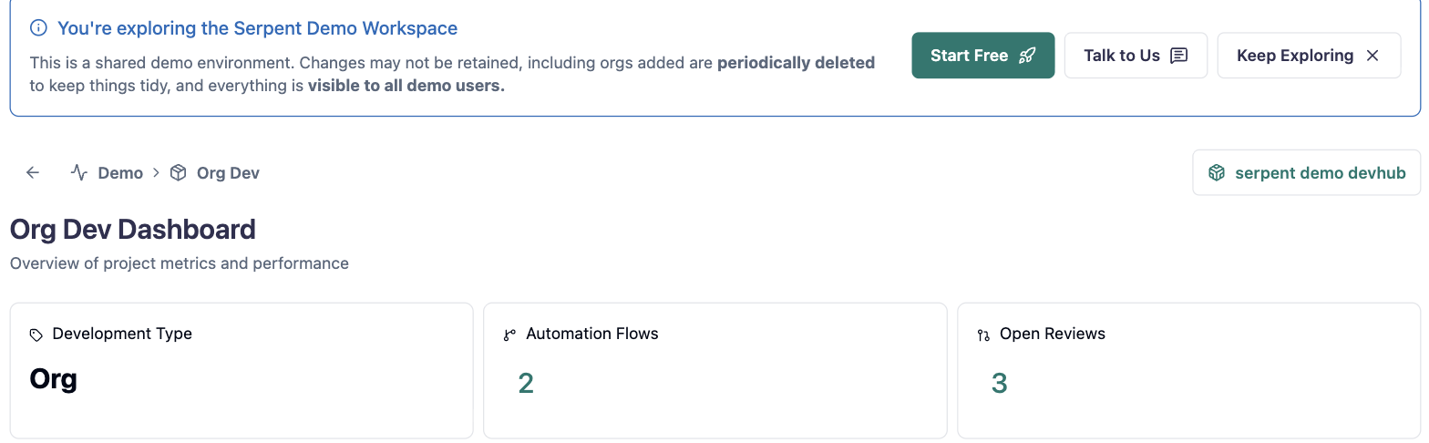 Project Dashboard header with Development Type, Automation Flows, and Open Reviews metric tiles