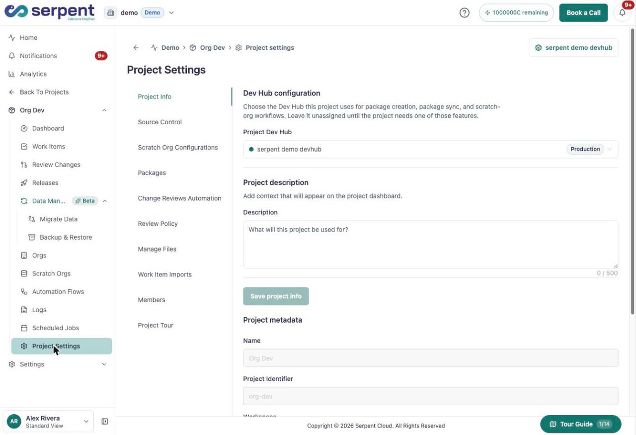 علامة تبويب Project Info في إعدادات المشروع مع تهيئة Dev Hub والوصف