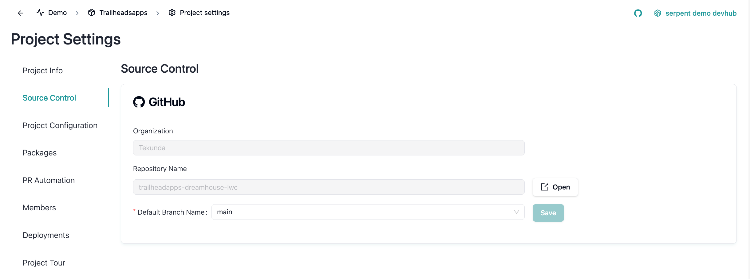 Project Settings Source Control tab showing connected GitHub repository