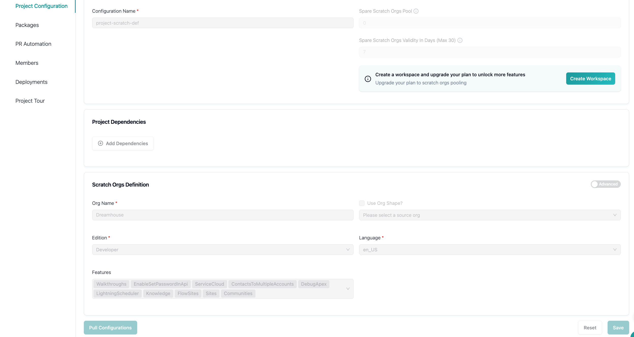 Project Configuration settings with scratch org and dependency options