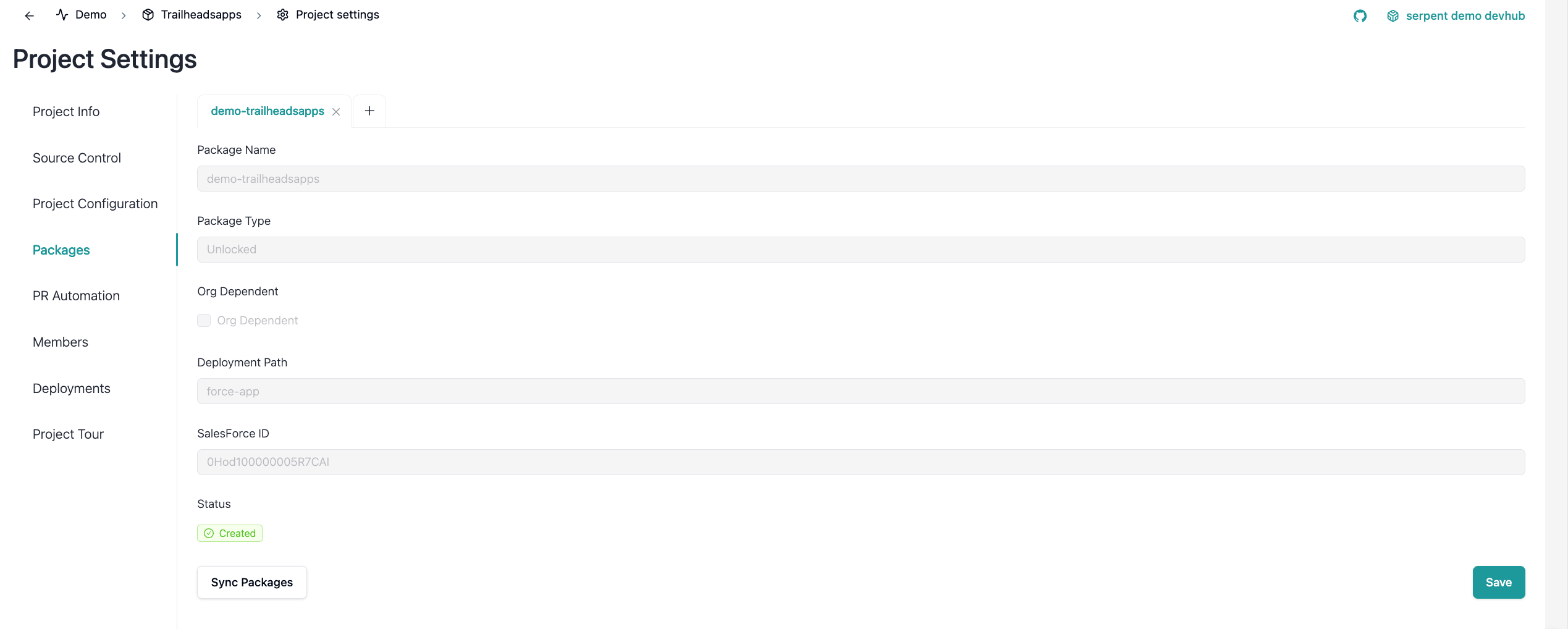 Packages settings tab with package name and deployment path