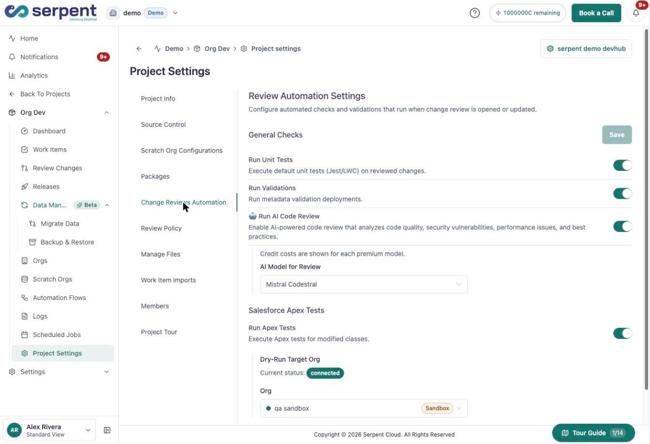 علامة تبويب Change Reviews Automation مع إعدادات اختبارات الوحدة والتحقق من الصحة وAI code review واختبارات Apex