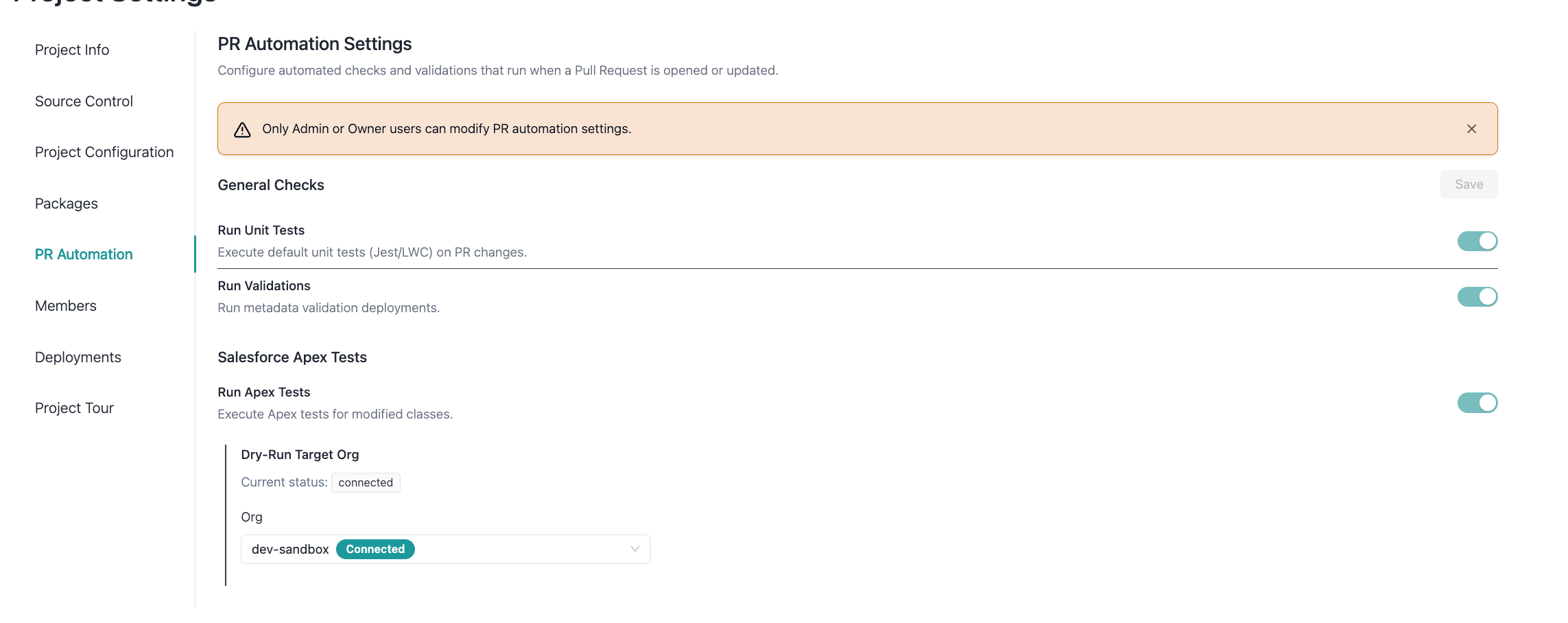 PR Automation settings with unit test and validation toggles
